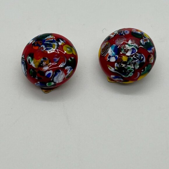 Vintage Red Venetian Glass Clip-On Earrings With Gold Tone Backs 3/4" Diameter - Picture 2 of 16